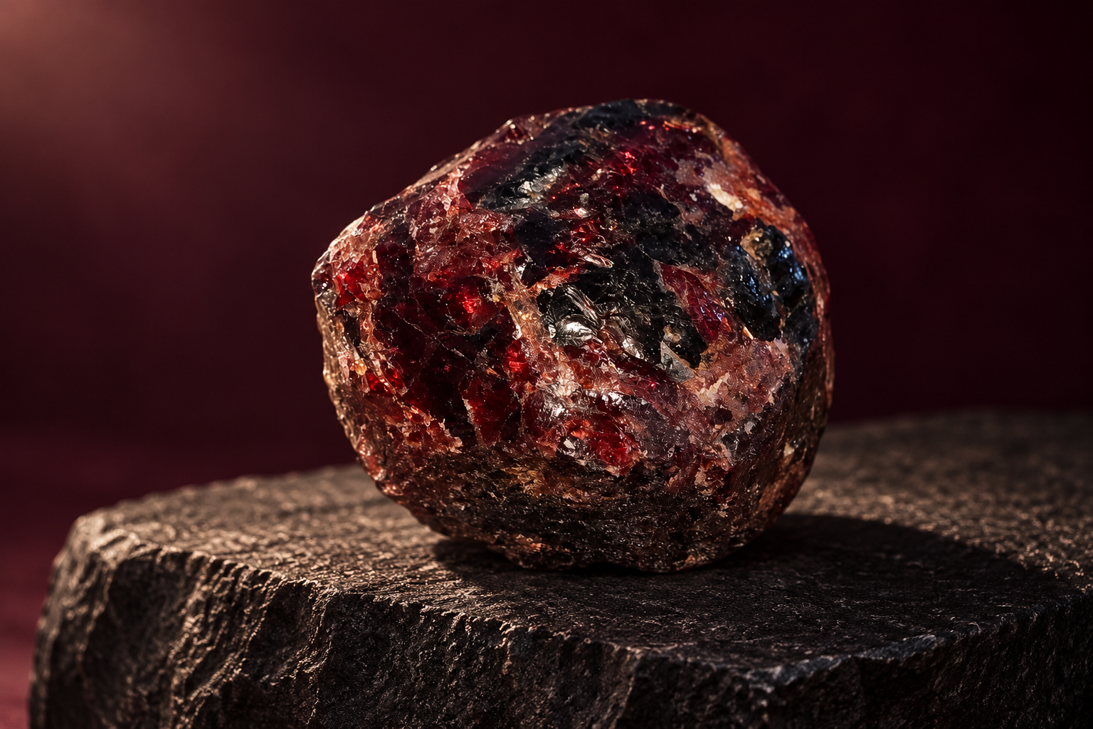 Artistic interpretation of a dark red specimen on charcoal stone