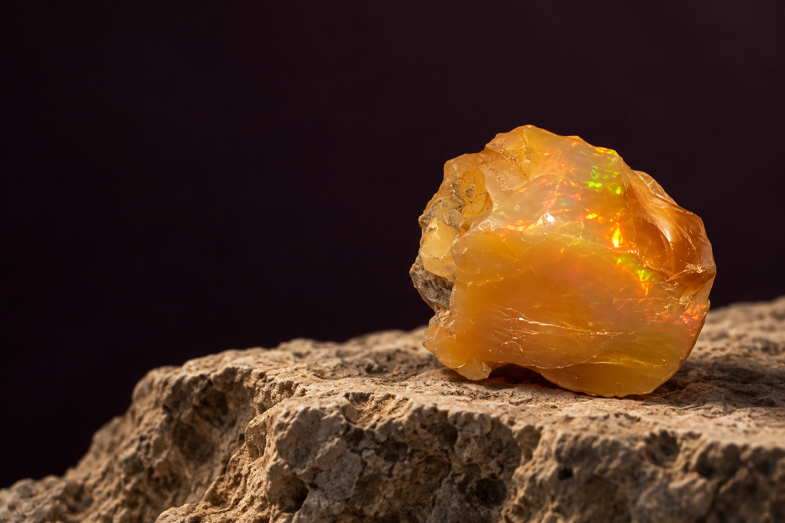 Editorial concept of a honey-coloured opal resting on limestone